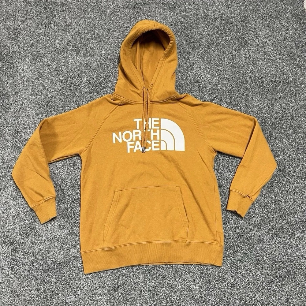 The North Face Womens Small Pullover Hoodie Yellow Brown Logo Sweatshirt 1214